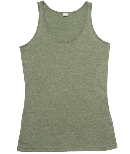 Heather olive women's singlet with scoop neckline and wide shoulder straps, flat lay packshot