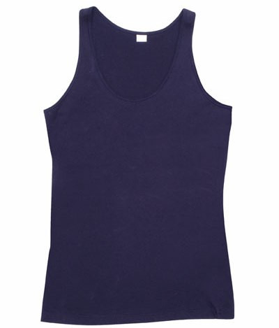 Navy blue women's American-style singlet with wide shoulder straps and scoop neckline, flat lay