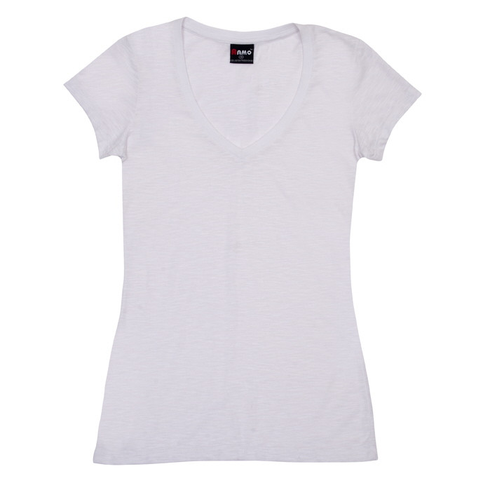 White Zane Ladies Slim Fit V-Neck T-Shirt with a Raw Weave texture, a fashionable, fitted tee ideal for casual or corporate branding.