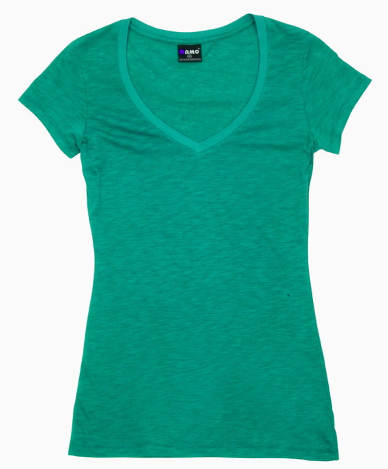 Plain Women t-shirts v-neck raw-weave slim fit Fruit Green
