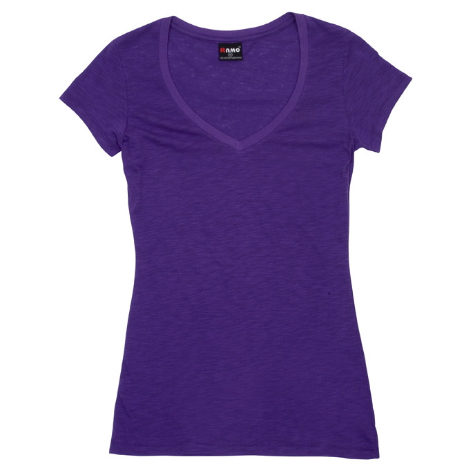 Deep purple women's slim fit v-neck tee with raw-weave texture and short sleeves