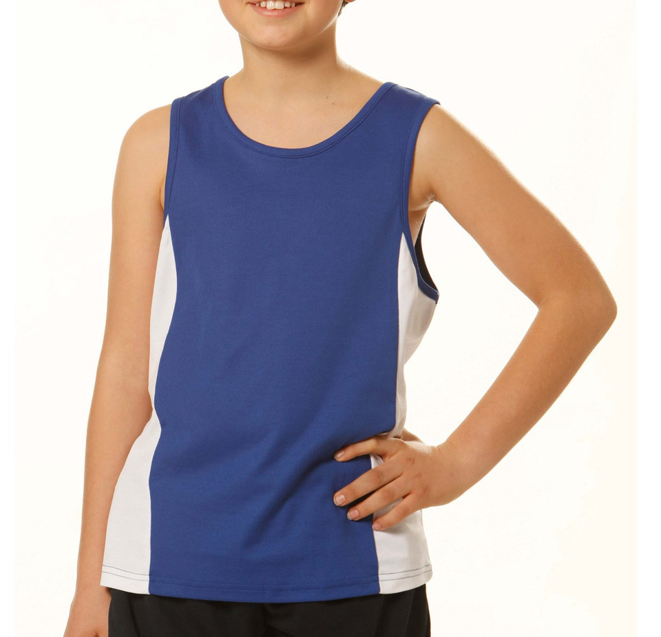 MEDAL Kids Contrast Sports Singlet featuring moisture-wicking performance fabric, breathable side panels, and a lightweight design for school athletics and junior basketball teams.