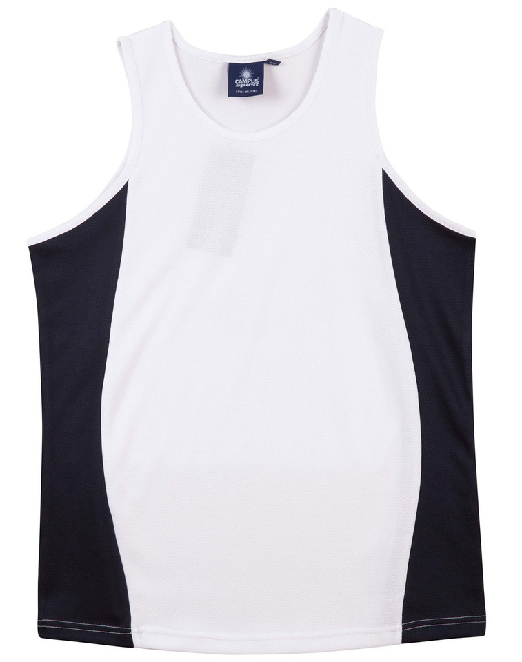 White kids' sports singlet with navy contrast side panels and round neckline