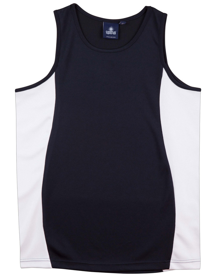 Kids navy sports singlet with white contrast side panels and matching binding