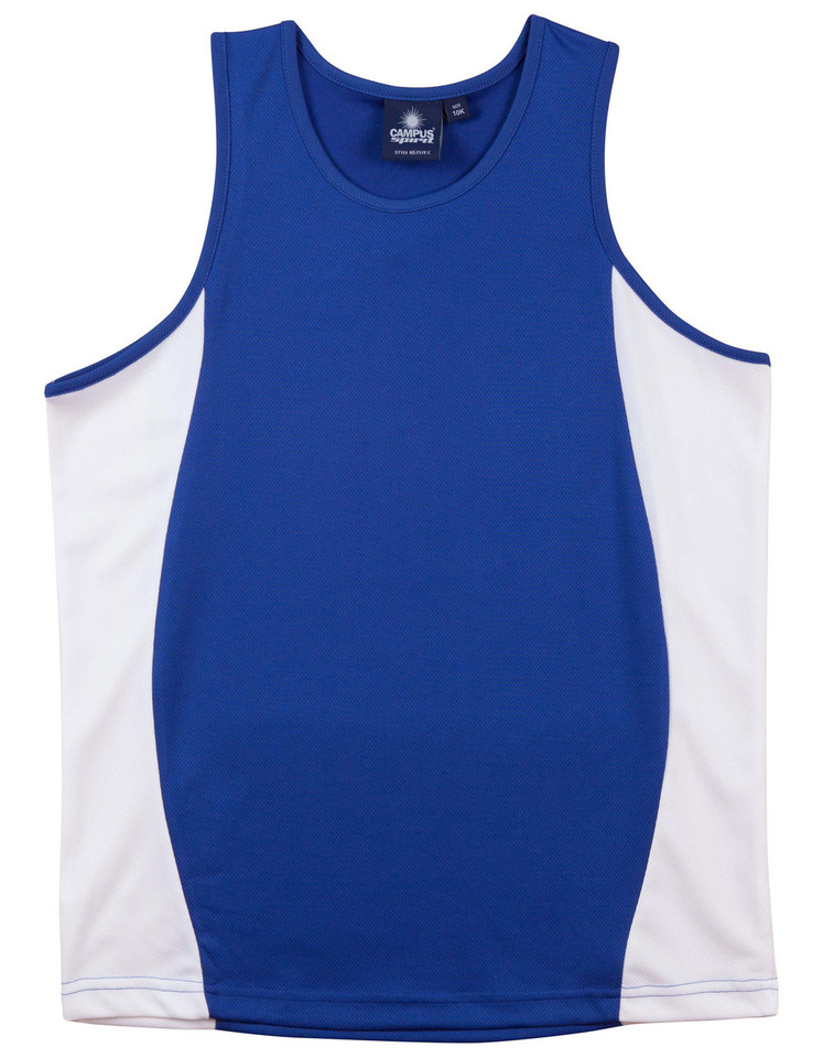 Royal blue and white contrast panel sports singlet with round neckline