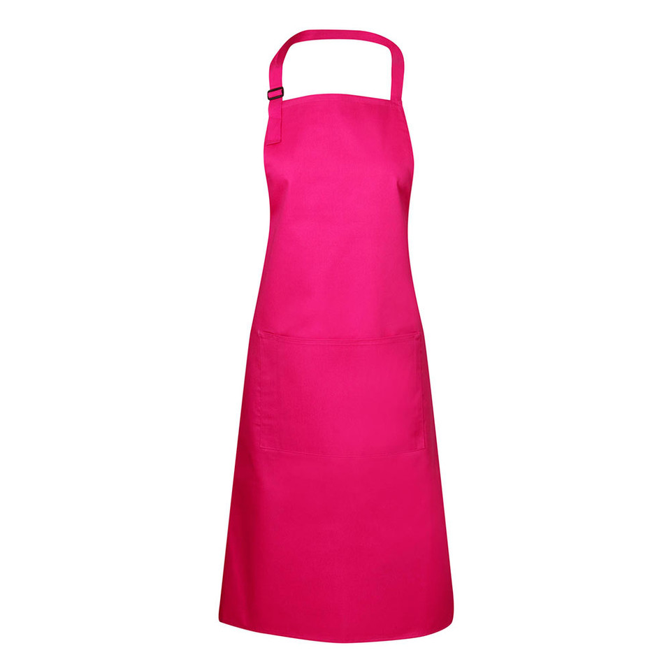 Hot pink full bib apron with adjustable neck strap, metal buckle, and front patch pocket — flat lay packshot