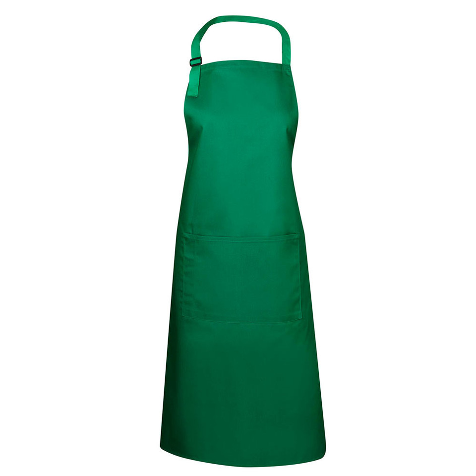 Emerald green full bib apron with front patch pocket and adjustable neck strap, packshot