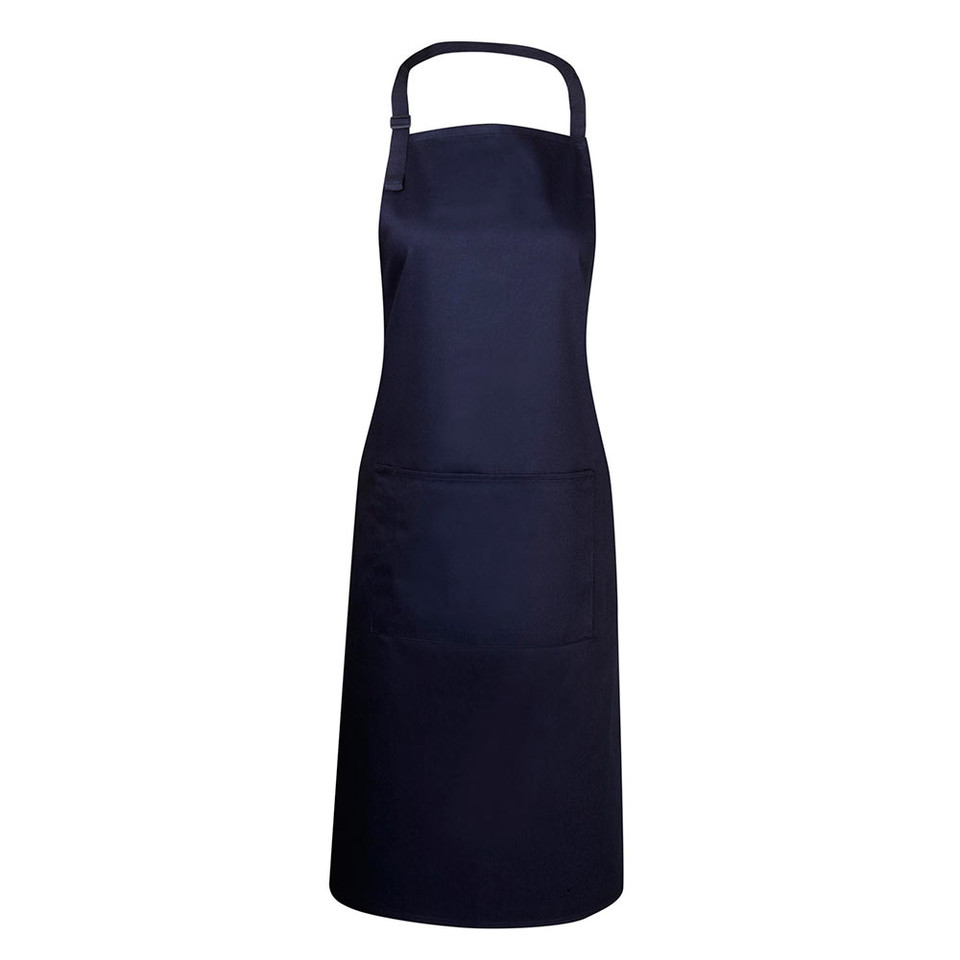 Navy full bib apron with single chest pocket and adjustable neck strap, packshot