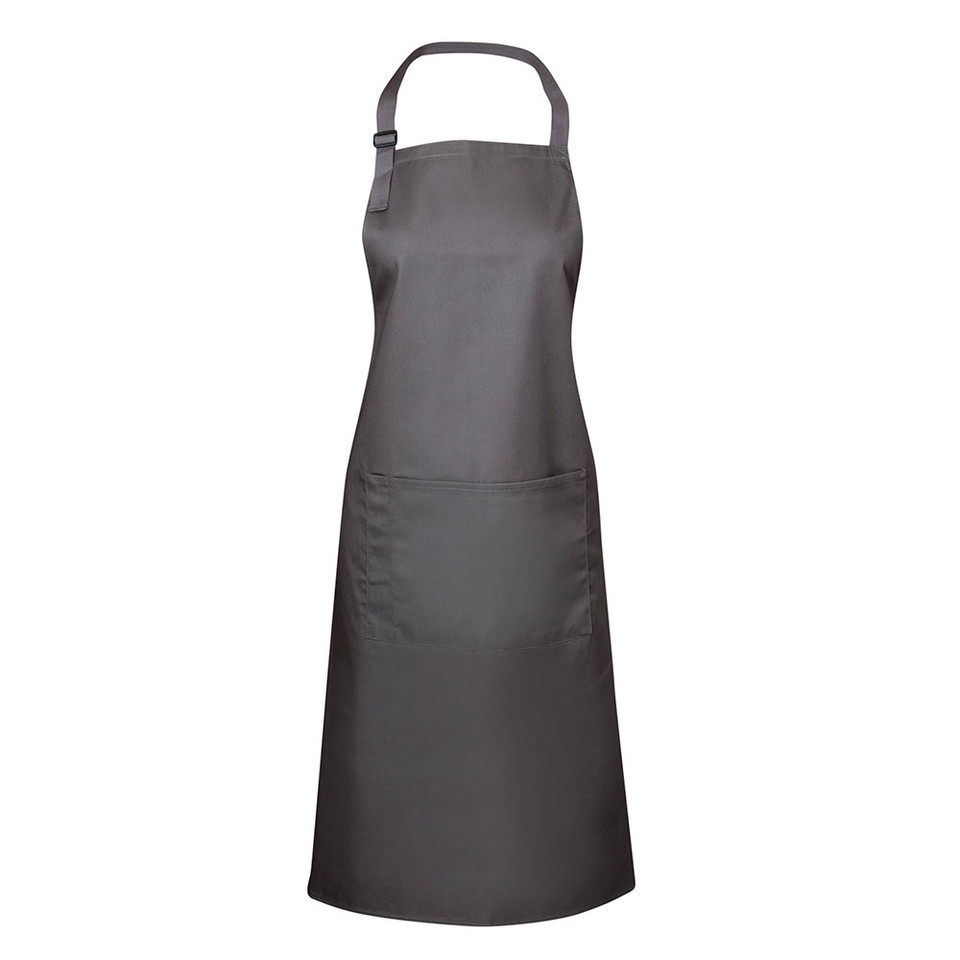 Charcoal grey full bib apron with adjustable neck strap and front patch pocket