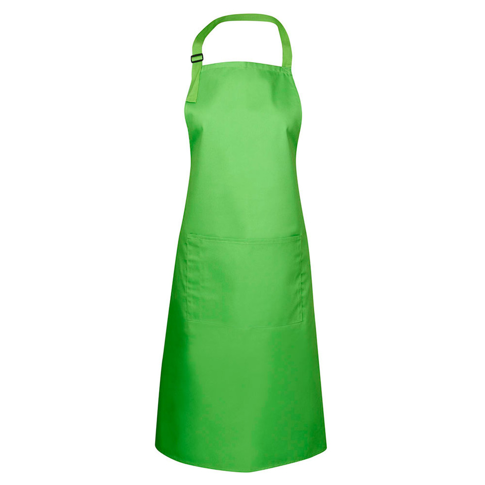 Lime green full bib apron with adjustable neck strap and front patch pocket, flat lay packshot