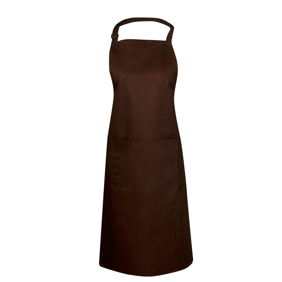 Chocolate brown full bib apron with single front pocket and adjustable neck strap, flat lay packshot