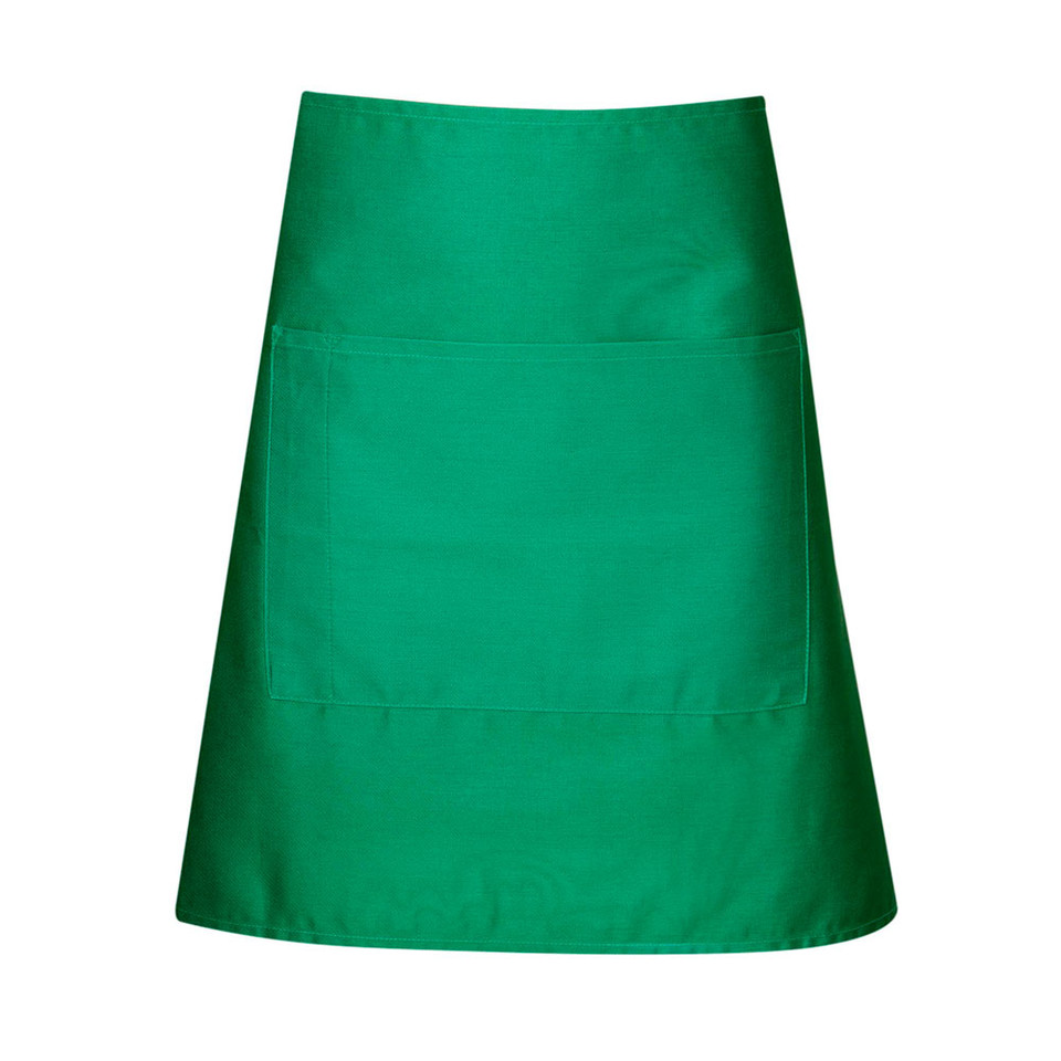 Emerald Green Plain SKILLET short waist apron (half bistro apron) made from durable, easy-care poly-cotton drill fabric, featuring a handy front pouch pocket for hospitality and uniform use.