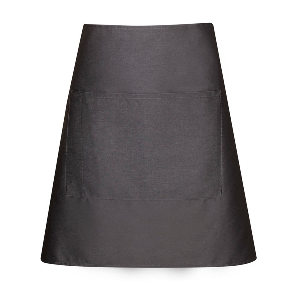 Charcoal Grey Plain SKILLET short waist apron (half bistro apron) made from durable, easy-care poly-cotton drill fabric, featuring a handy front pouch pocket for hospitality and uniform use.
