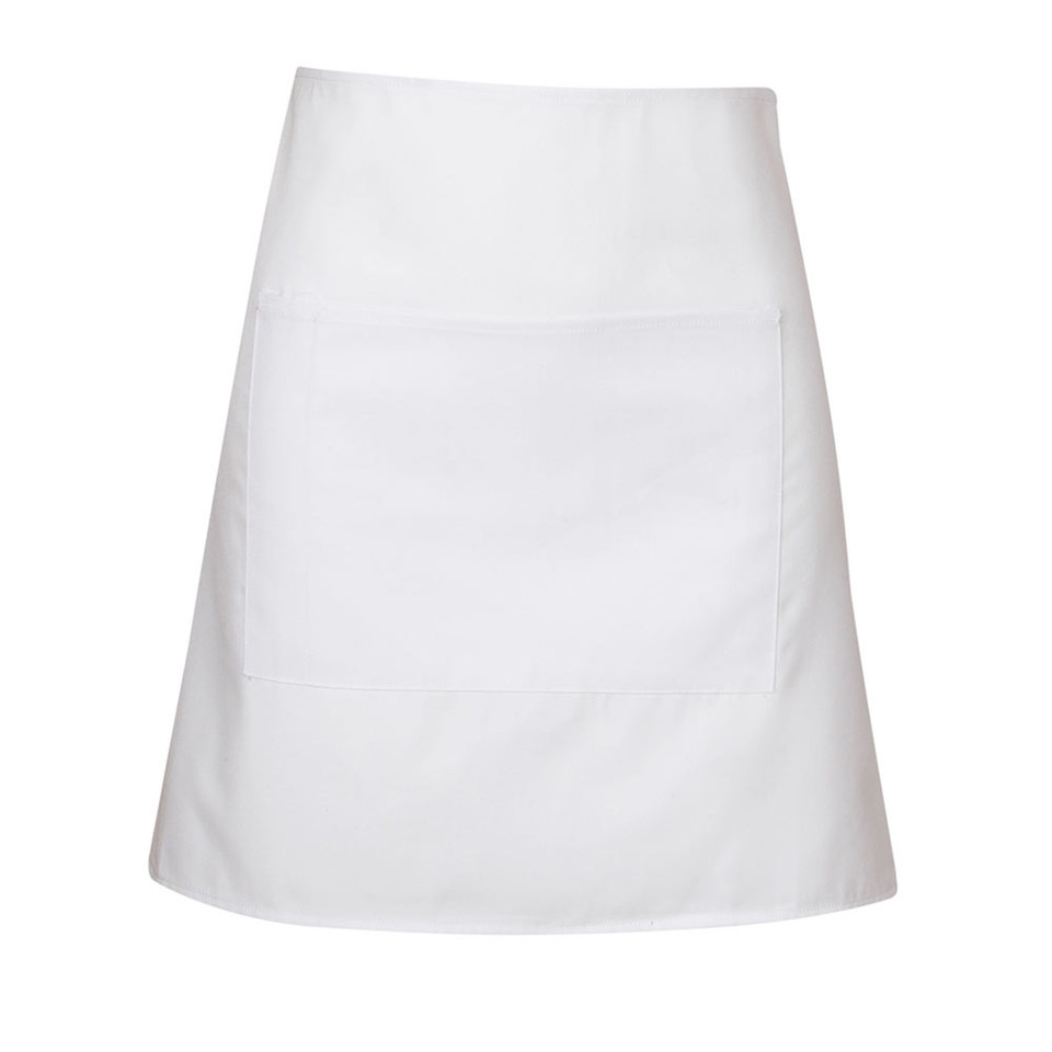White Plain SKILLET short waist apron (half bistro apron) made from durable, easy-care poly-cotton drill fabric, featuring a handy front pouch pocket for hospitality and uniform use.