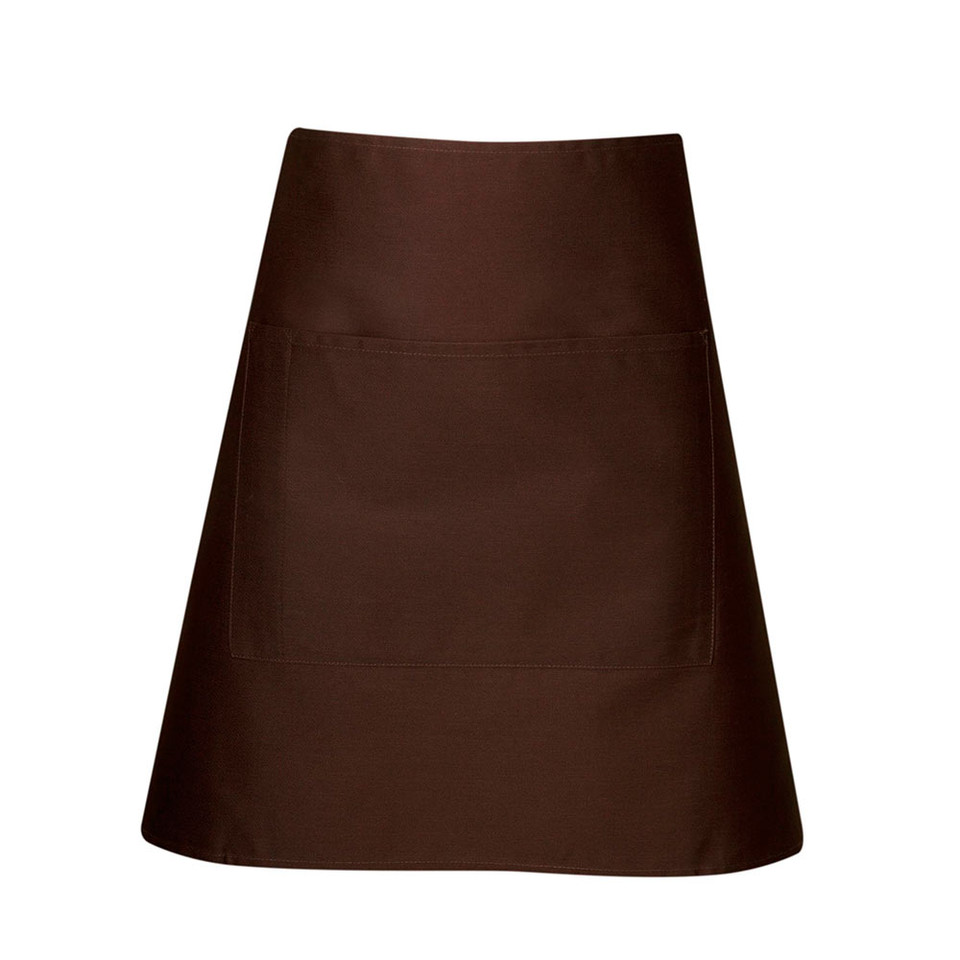 Brown Plain SKILLET short waist apron (half bistro apron) made from durable, easy-care poly-cotton drill fabric, featuring a handy front pouch pocket for hospitality and uniform use.