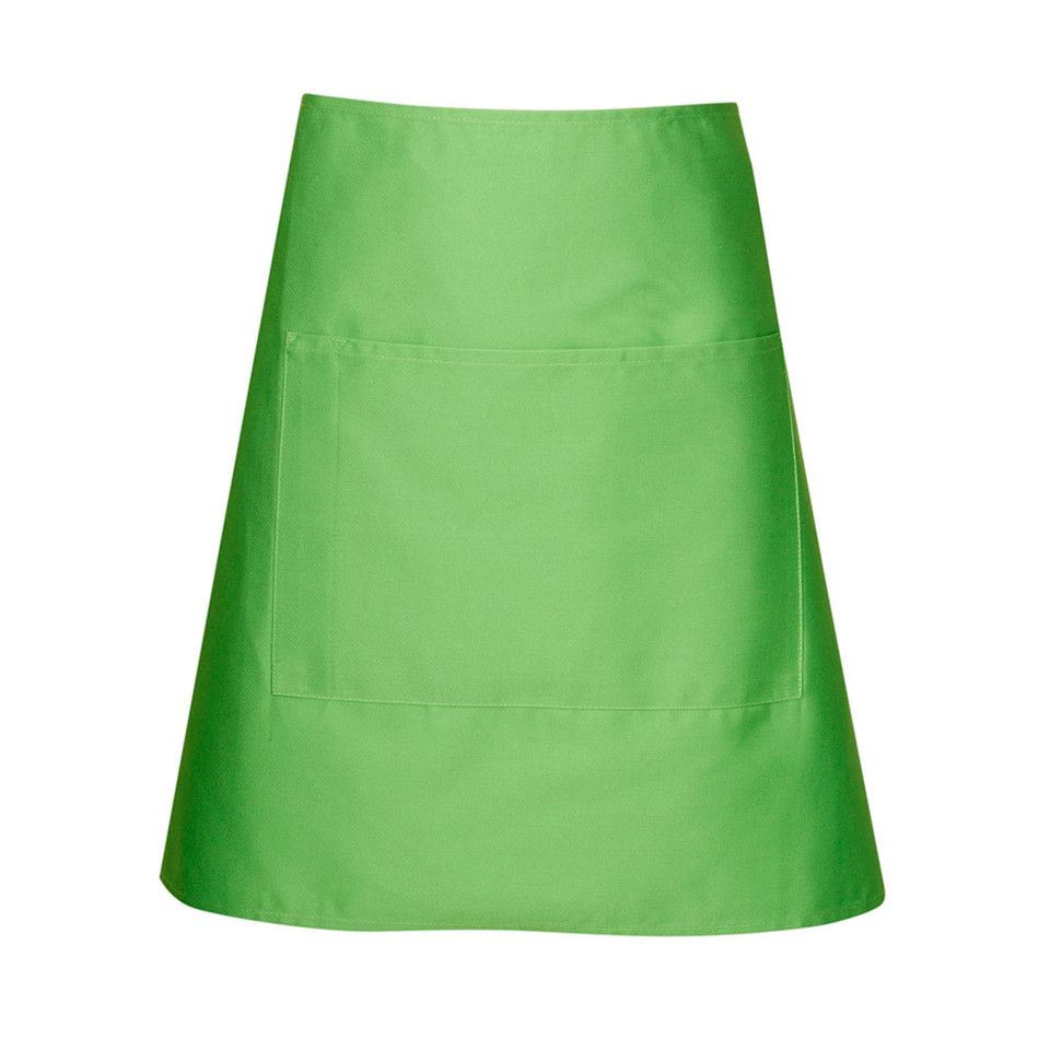 Lime Plain SKILLET short waist apron (half bistro apron) made from durable, easy-care poly-cotton drill fabric, featuring a handy front pouch pocket for hospitality and uniform use.