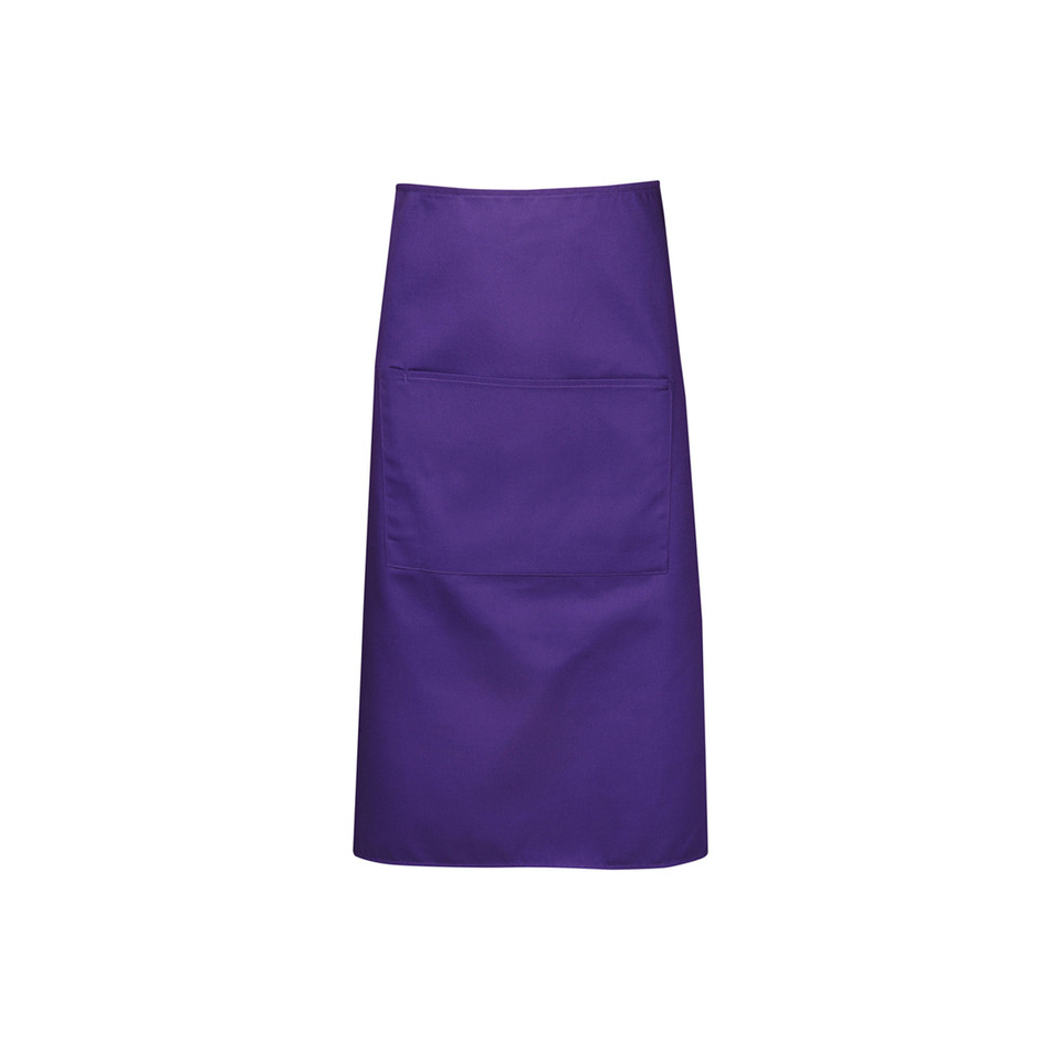 Purple long waist apron with wide front pocket, flat lay packshot on white background