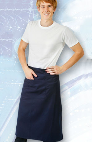 Male model wearing a navy blue long waist apron with front pocket over a white tee