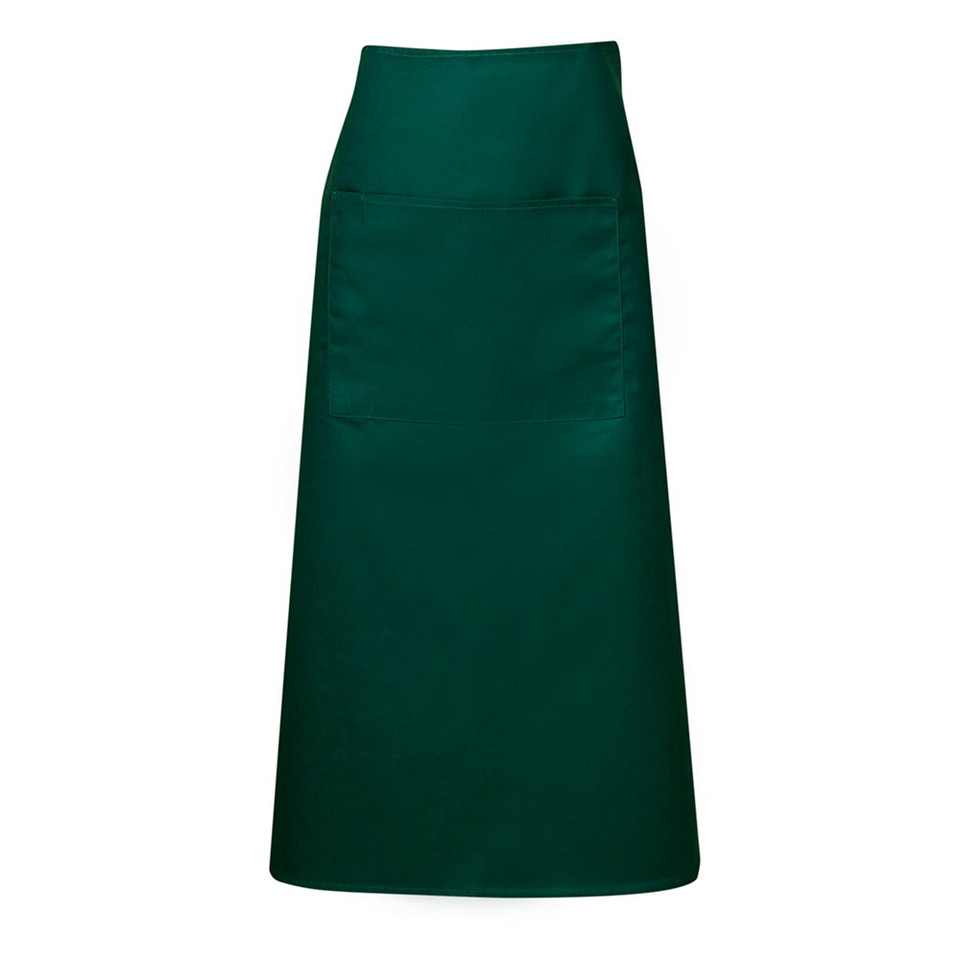 Forest green long waist apron with front pocket on white background