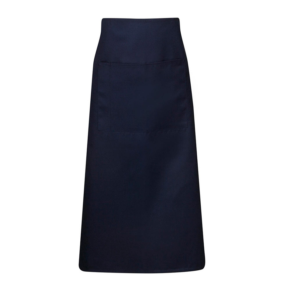 Navy long waist apron with wide waistband and single front pocket, flat lay packshot