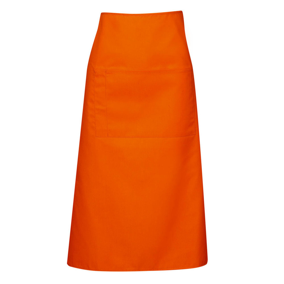 Orange long waist apron with wide front pocket panel, flat lay packshot