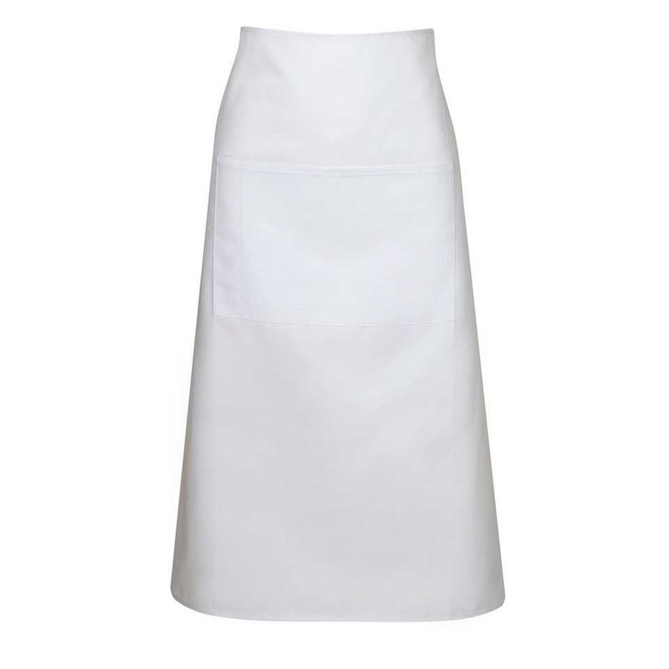 White long waist apron with single front patch pocket, flat lay packshot
