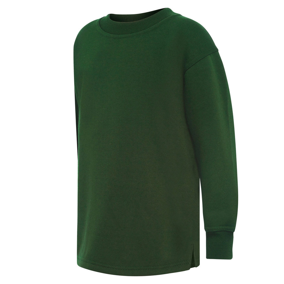 Forest green kids crew neck sweatshirt with ribbed cuffs, loose waist hem, and side vents — fleece packshot