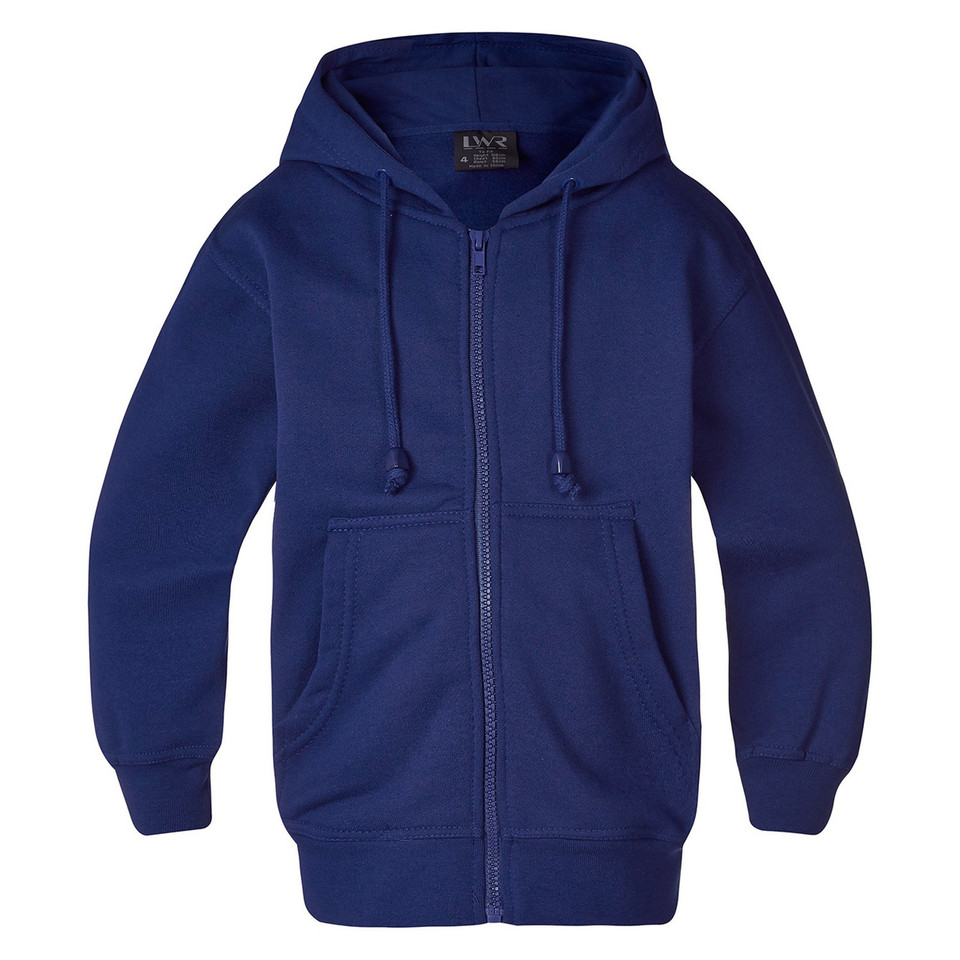 Navy zip-up hoodie with kangaroo pocket, drawstring hood and ribbed cuffs on white background