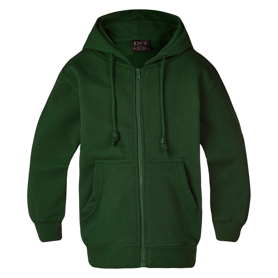 Forest green heavy duty zip-up hoodie with kangaroo pocket and matching drawstrings