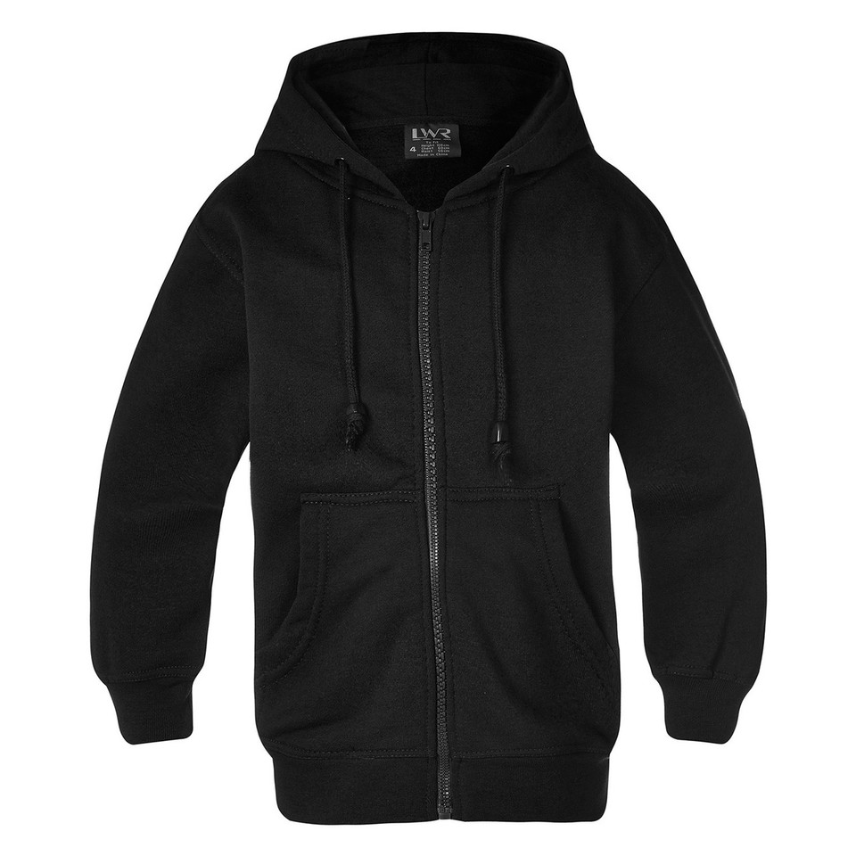 Black heavy duty zip-up hoodie with front pockets, drawstring hood, and ribbed cuffs on white background