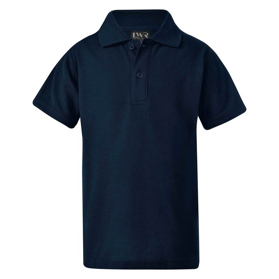 Navy blue kids pique polo shirt with ribbed collar and two-button placket, flat lay packshot
