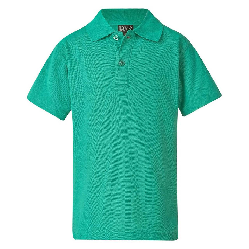 Emerald green kids pique polo shirt with two-button placket and ribbed texture, flat lay packshot