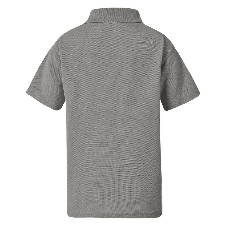 Back view of a stone grey unisex short sleeve polo shirt with textured pique fabric and fold-down collar