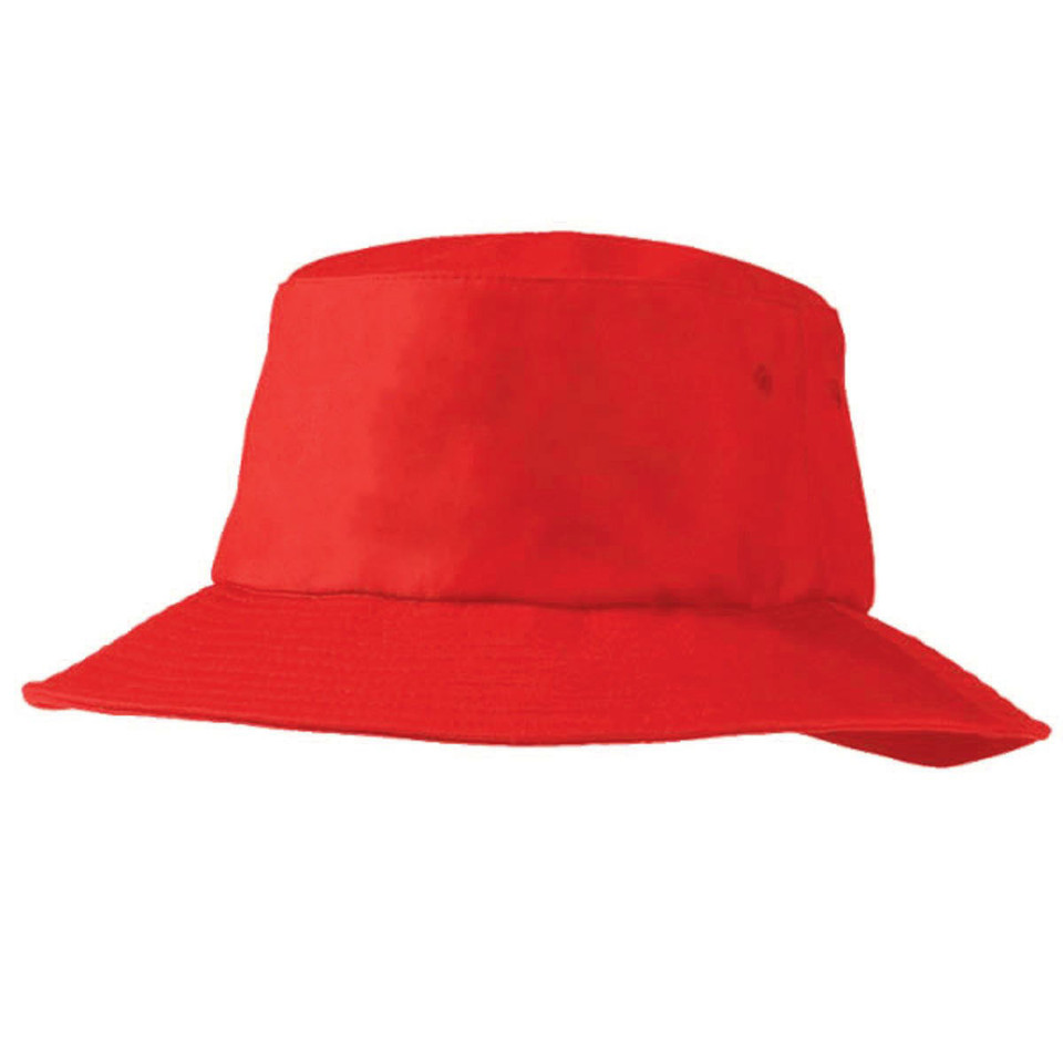 Red bucket hat with wide brim and structured crown, plain flat panels ideal for decoration