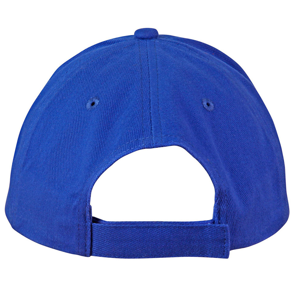 Royal blue unstructured baseball cap rear view showing self-fabric strap and relaxed crown