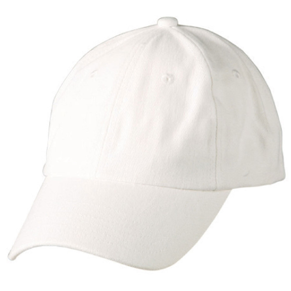 White unstructured six-panel baseball cap with curved brim and soft low-profile crown