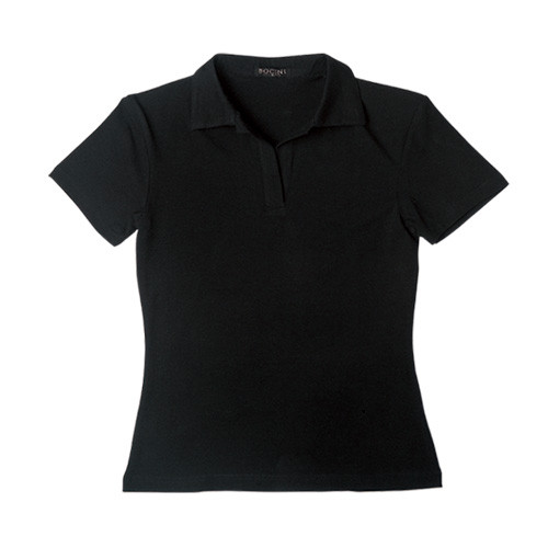 Black women's short sleeve polo shirt with v-neck collar and chest pocket