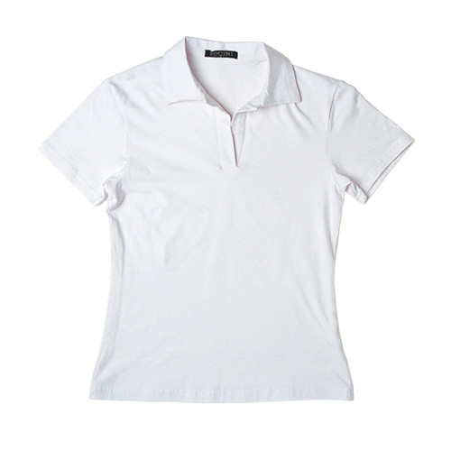 White women's short sleeve polo with V-neck placket and classic collar