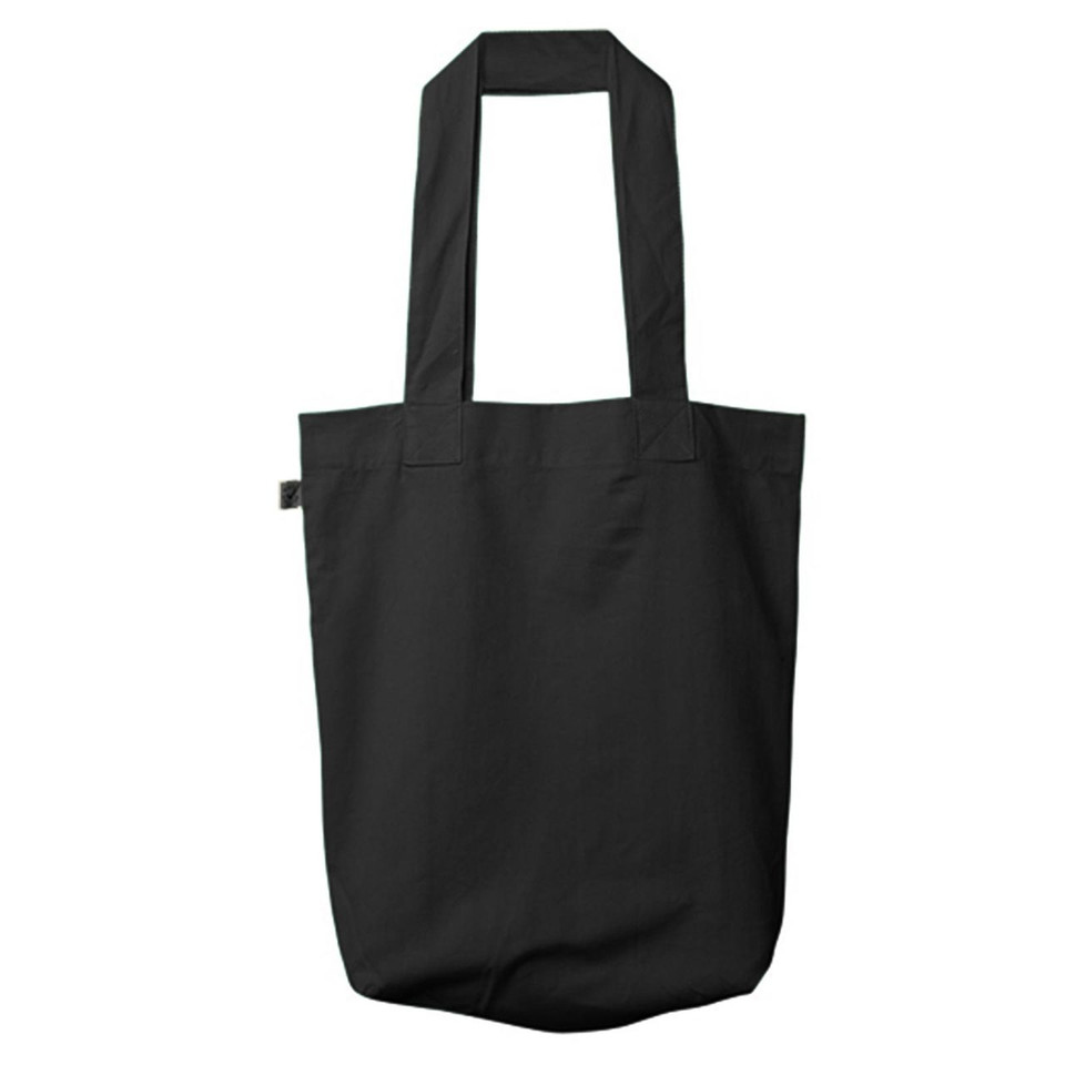 Black organic cotton tote bag with long shoulder handles and small side label, flat lay packshot