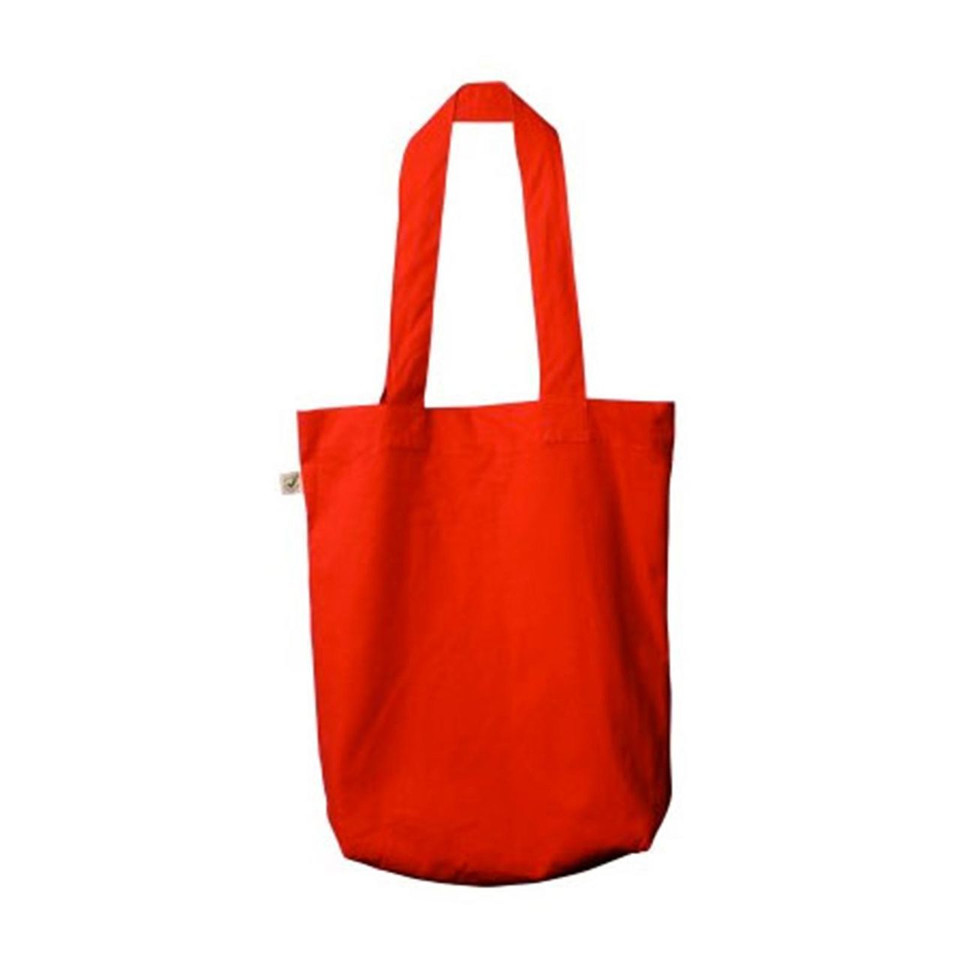 Red organic cotton tote bag with long handles and small woven label on side seam
