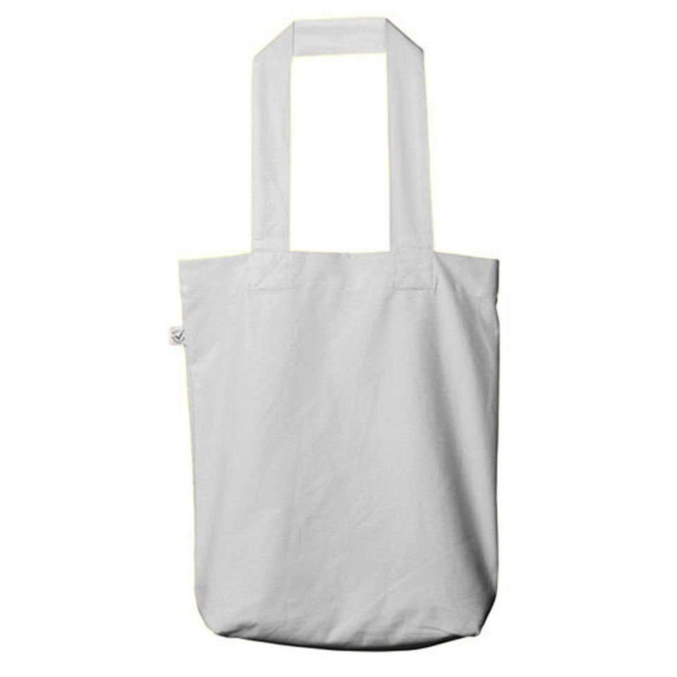 White organic cotton tote bag with long shoulder straps and large flat front panel, rear view