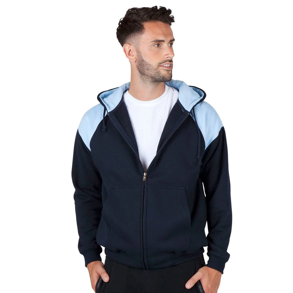 Navy zip-up hoodie with light blue contrast panels on shoulders and hood, full front zipper