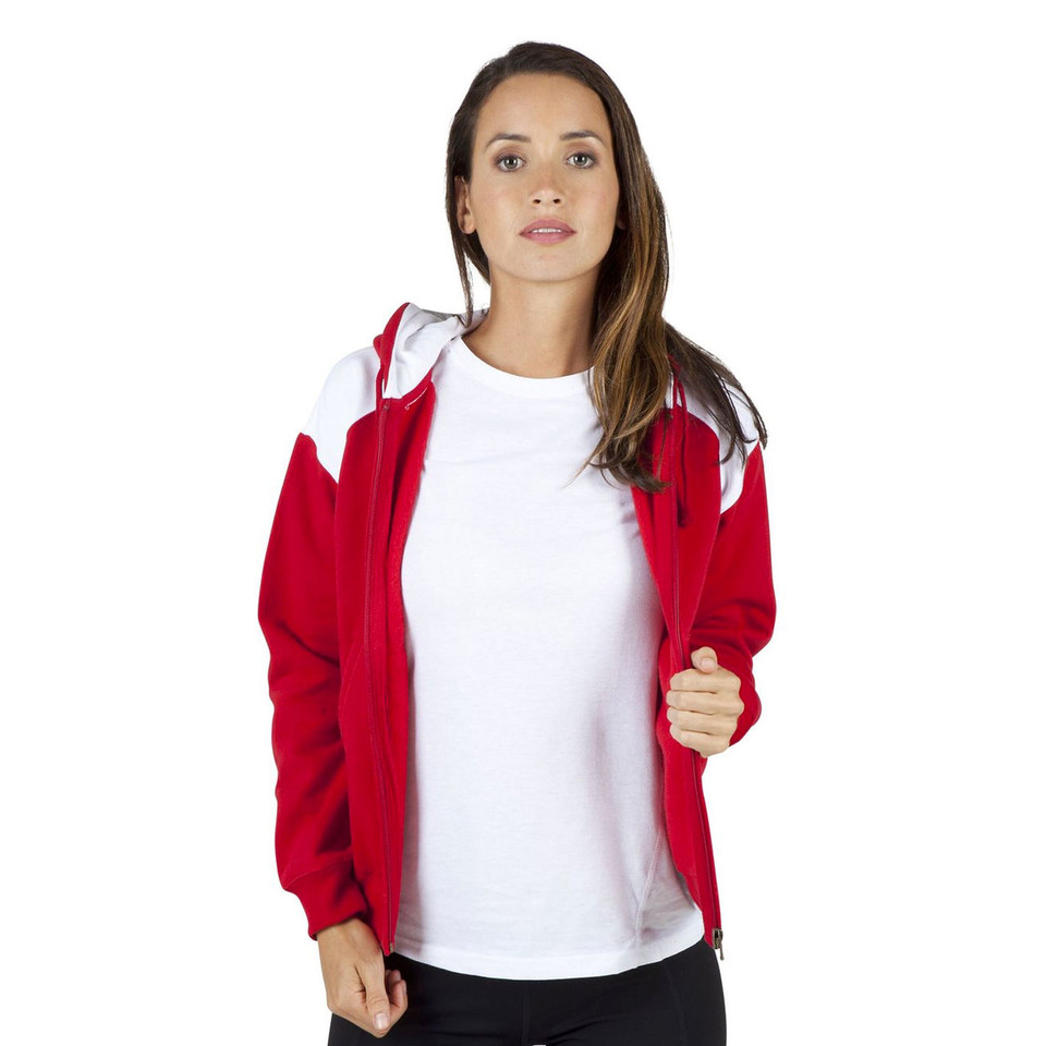 Red and white two-tone zip-up hoodie jacket with contrast shoulder panels and white drawstrings
