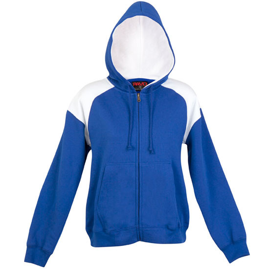 Royal blue zip-up hoodie with white contrast panels on shoulders and hood lining