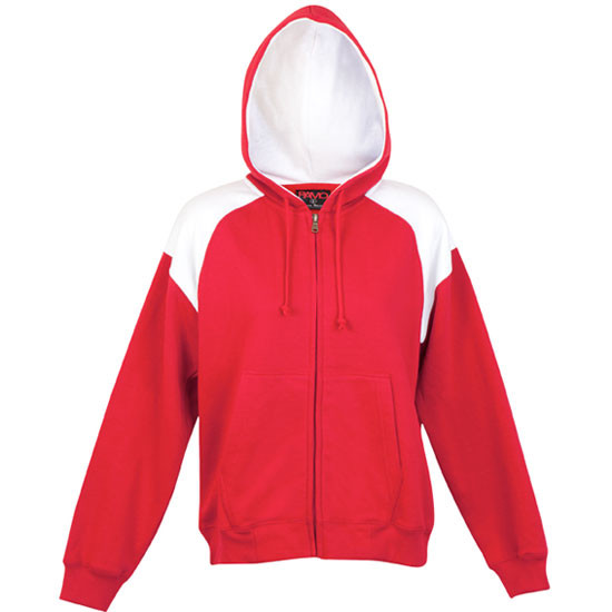 Red and white two-tone zip-up hoodie with contrast shoulder panels and hood lining