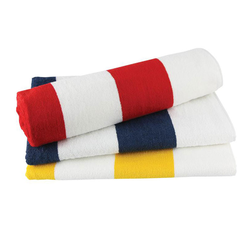 Striped terry towels in red, navy and yellow with white bands, stacked and rolled displaying colour block pattern