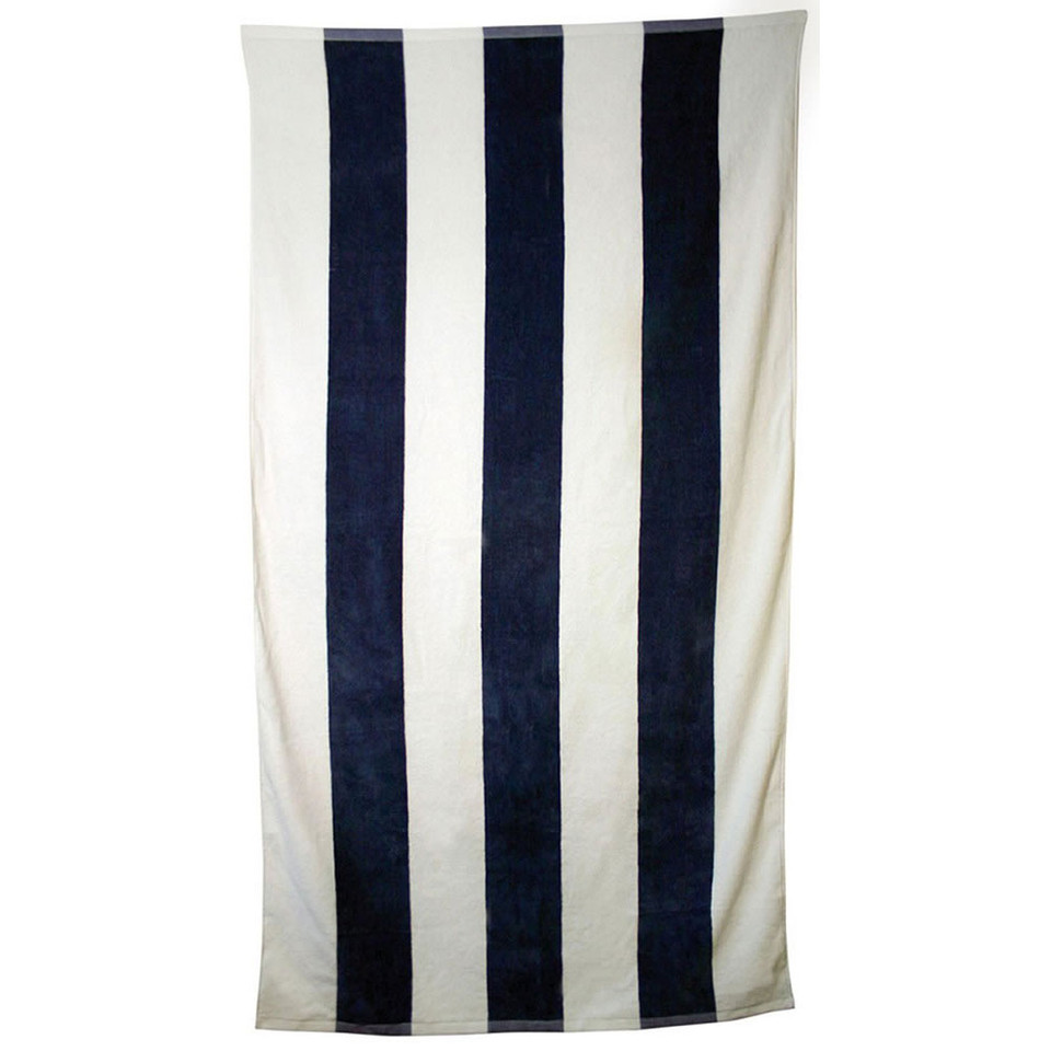 Navy and white vertical striped terry towel with bold colour contrast panels