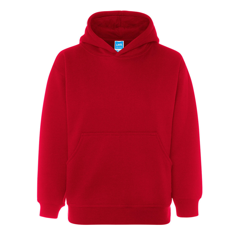 Red heavy-duty adult unisex pullover hoodie with kangaroo pocket and ribbed cuffs, flat lay packshot