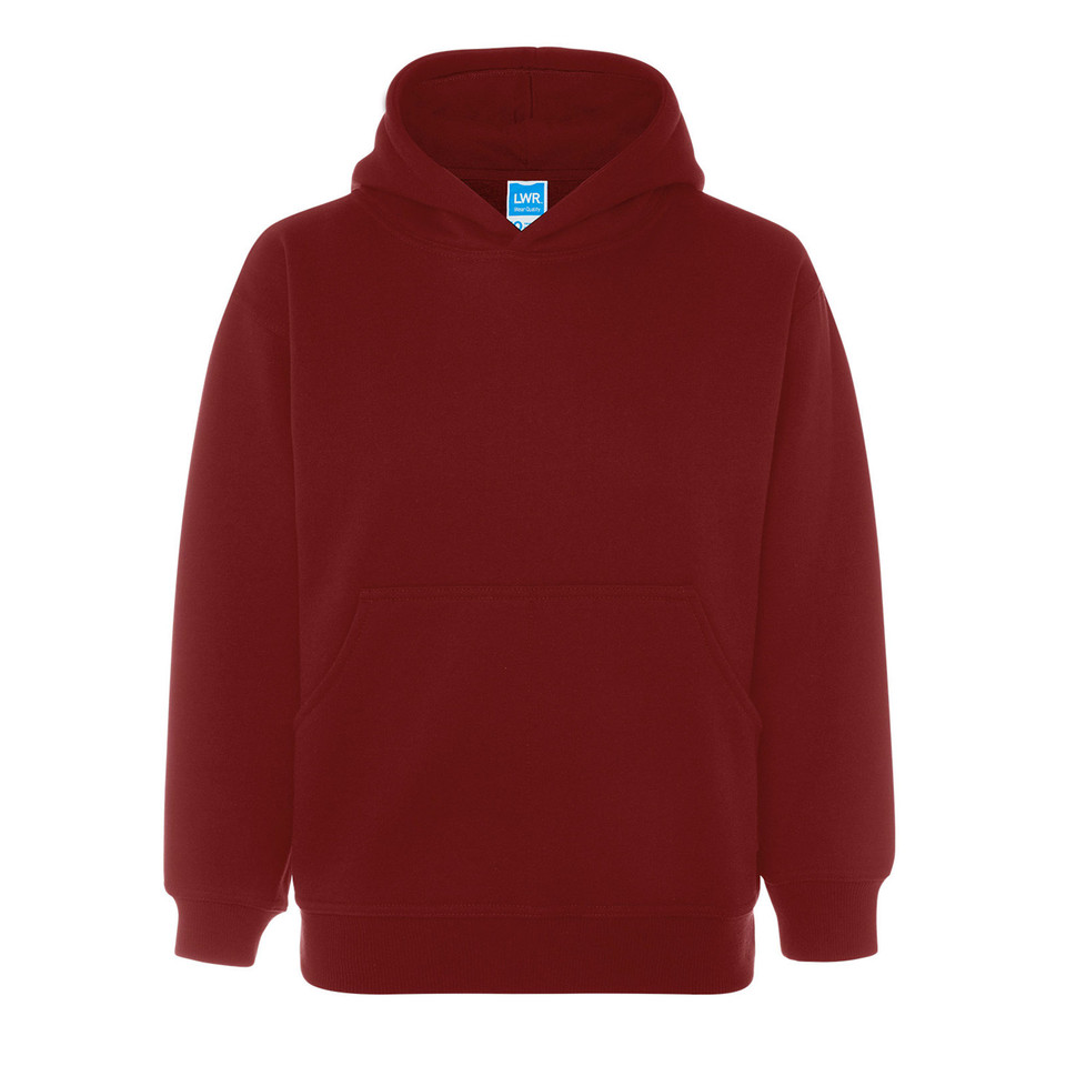 Burgundy heavy duty hoodie with kangaroo pocket and ribbed cuffs on white background