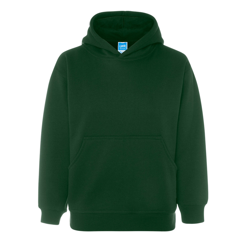 Bottle green heavy duty hoodie with kangaroo pocket and ribbed cuffs on white background
